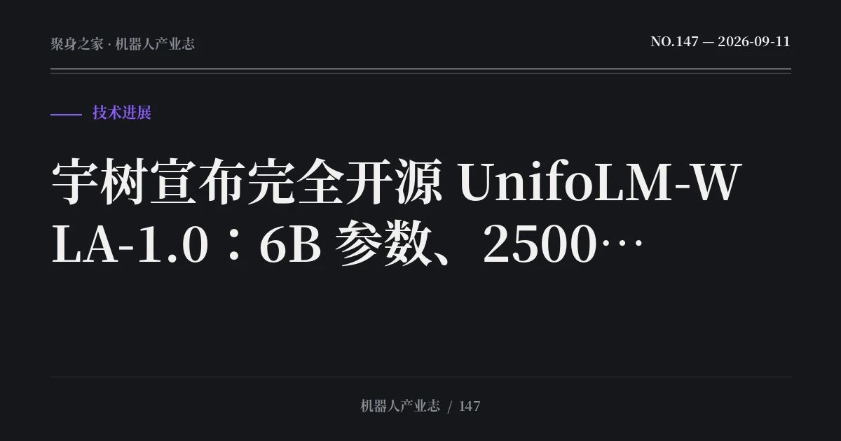 宇树宣布完全开源 UnifoLM-WLA-1.0：6B 参数、2500 小时真机数据，一个模型统筹 64 项任务
